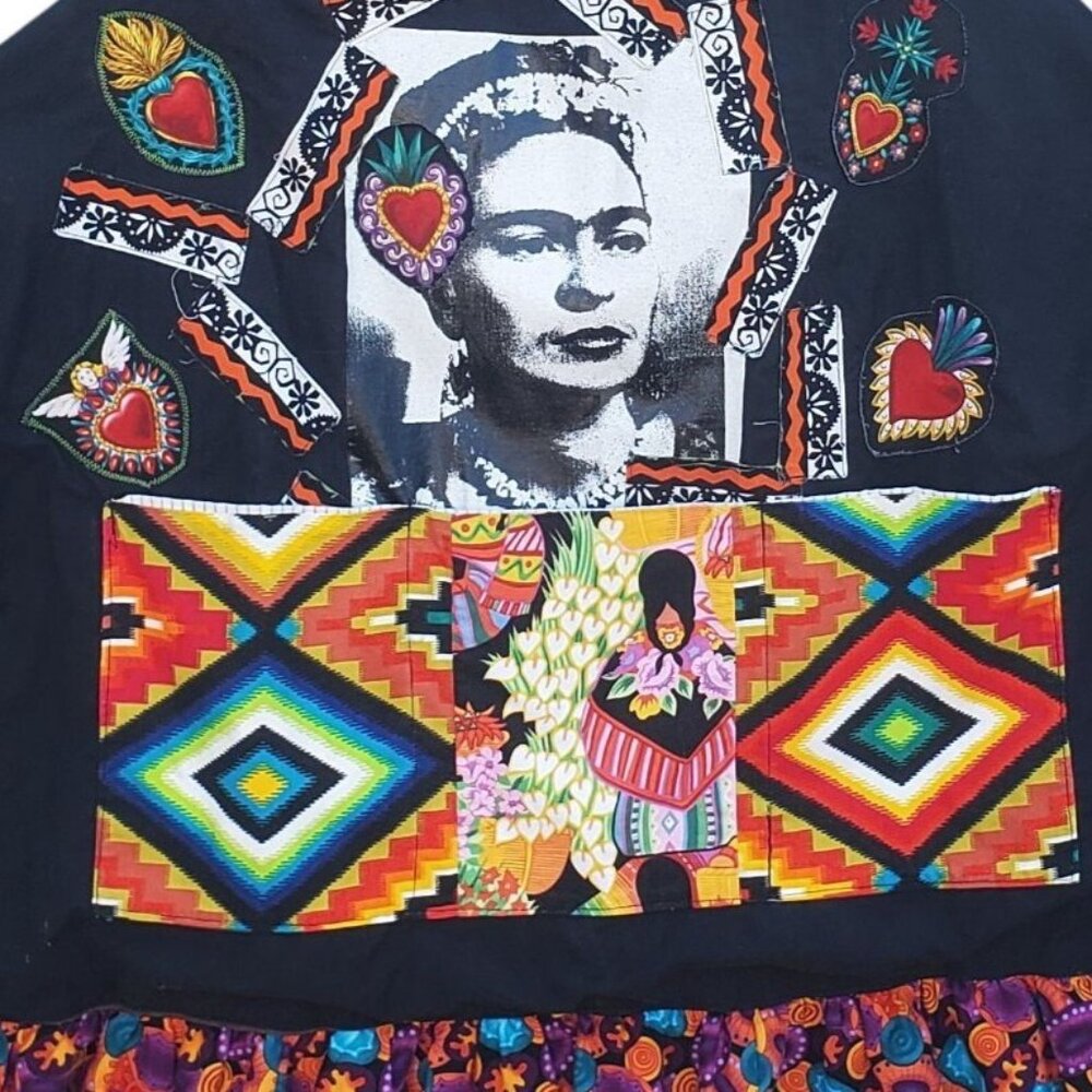 Frida Kahlo Bib Apron Colorful Handmade Black Cotton Plus Size XL Pockets - Picture 2 of 12
